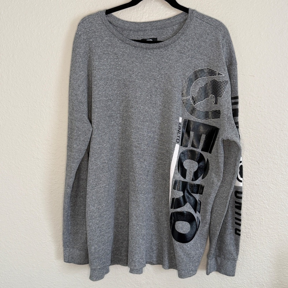 Ecko Unltd Streetwear Men 3XL Grey Waffle Knit Thermal Long Sleeve Graphic Shirt